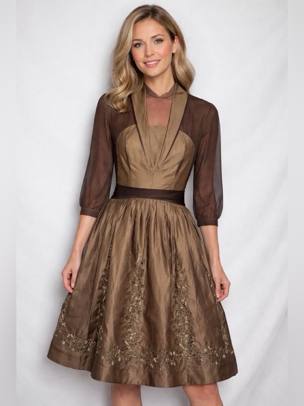 Brown Vintage-Inspired A-Line Dress with Sheer Bolero